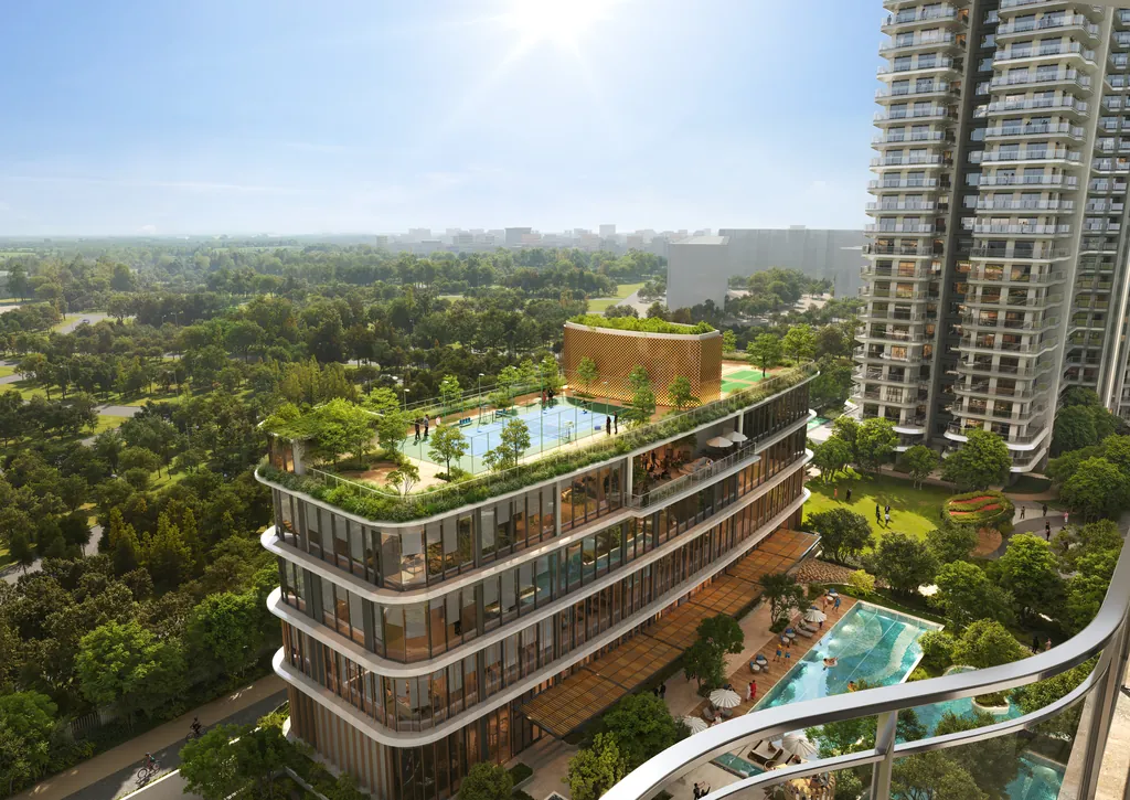 The clubhouse at Eldeco 7 Peaks with sports courts on its roof deck