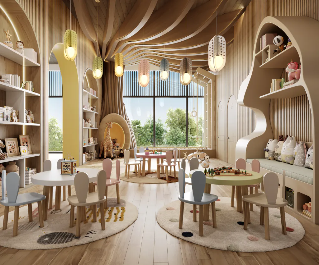 The creche at Eldeco 7 Peaks Residences — low tables and chairs on soft rugs, book and toy shelving along the walls, under a sculpted timber ceiling. Developer's artistic impression.