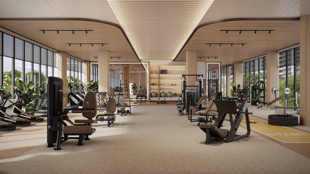 The gym at Eldeco 7 Peaks Residences — cardio and strength machines, free weights and a marked functional-training lane, glazed on two sides. Developer's artistic impression.
