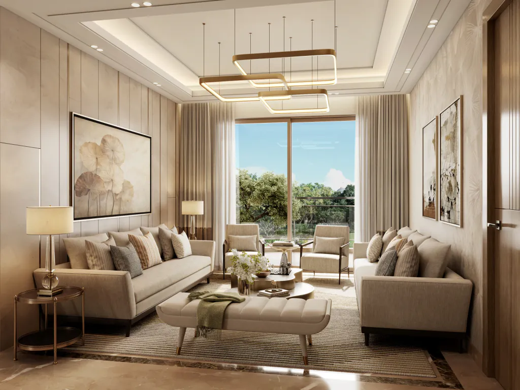 A furnished apartment living room at Eldeco 7 Peaks Residences — two sofas facing a coffee table, a recessed ceiling light, and sliding glazing onto a balcony with trees beyond. Developer's artistic impression.