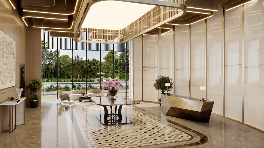 The entrance lobby at Eldeco 7 Peaks Residences — a reception counter, stone-clad walls and full-height glazing looking out to water and planting. Developer's artistic impression.